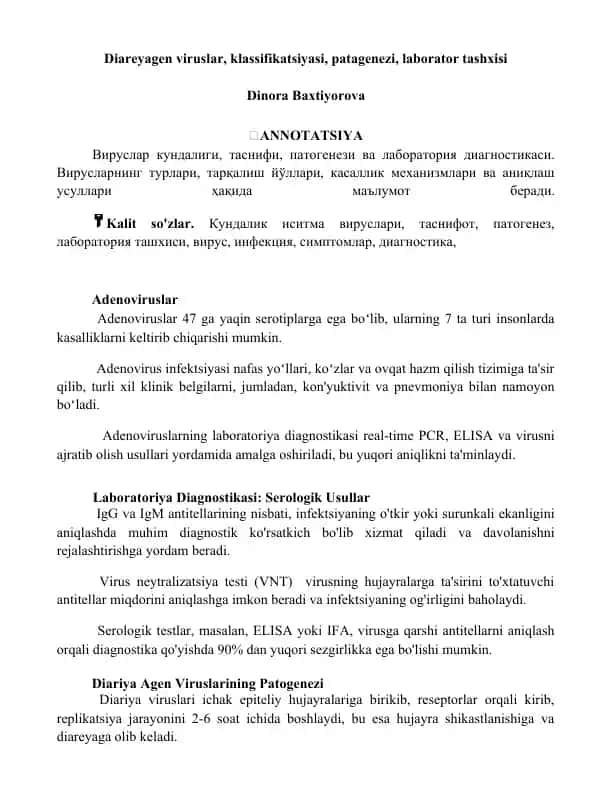 Diareyagen viruslar, klassifikatsiyasi, patagenezi, laborator tashxisi