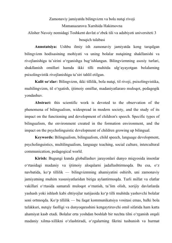 Bilingvizm va Bola Nutqi Rivoji