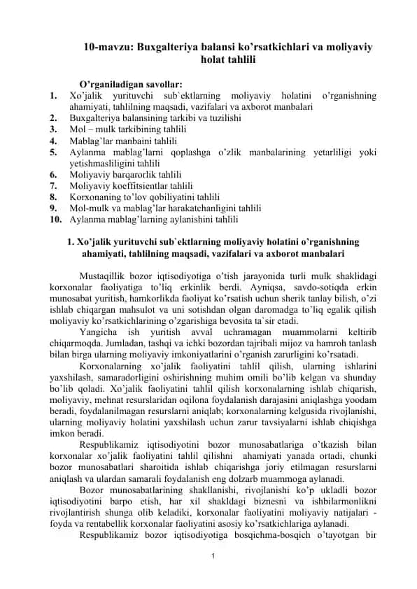 Buxgalteriya balansi ko’rsatkichlari va mоliyaviy hоlat tahlili