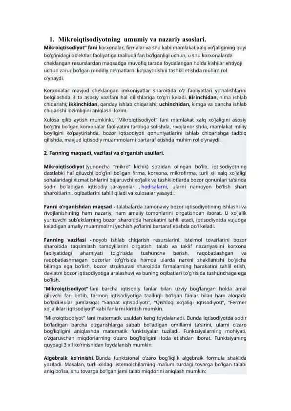 Mikroiqtisodiyotning umumiy va nazariy asoslari
