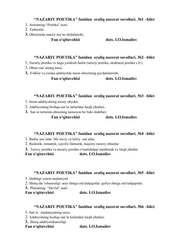"NAZARIY POETIKA" fanidan oraliq nazorat savollari. №1 –bilet