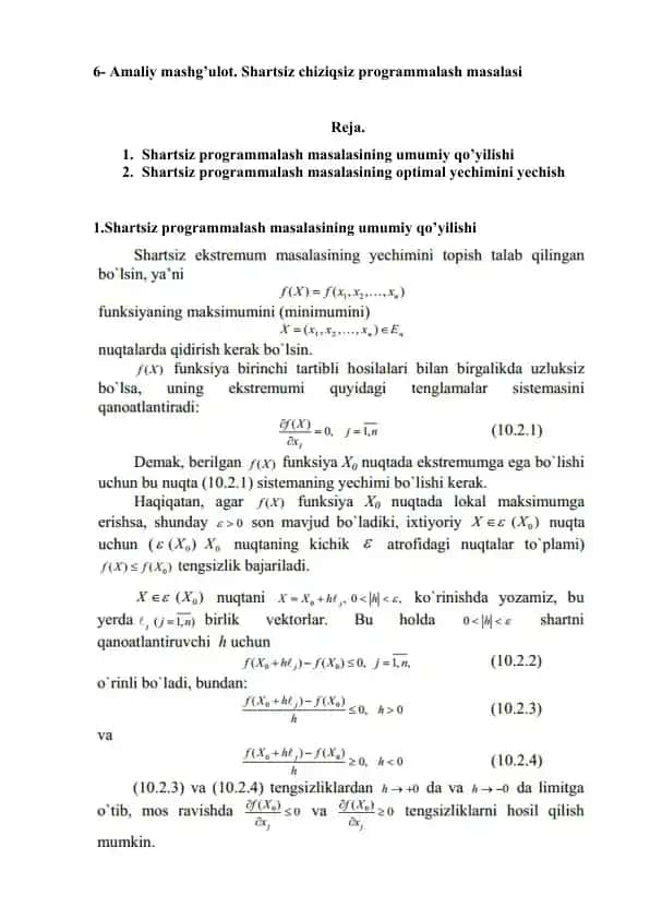 Shartsiz chiziqsiz programmalash masalasi