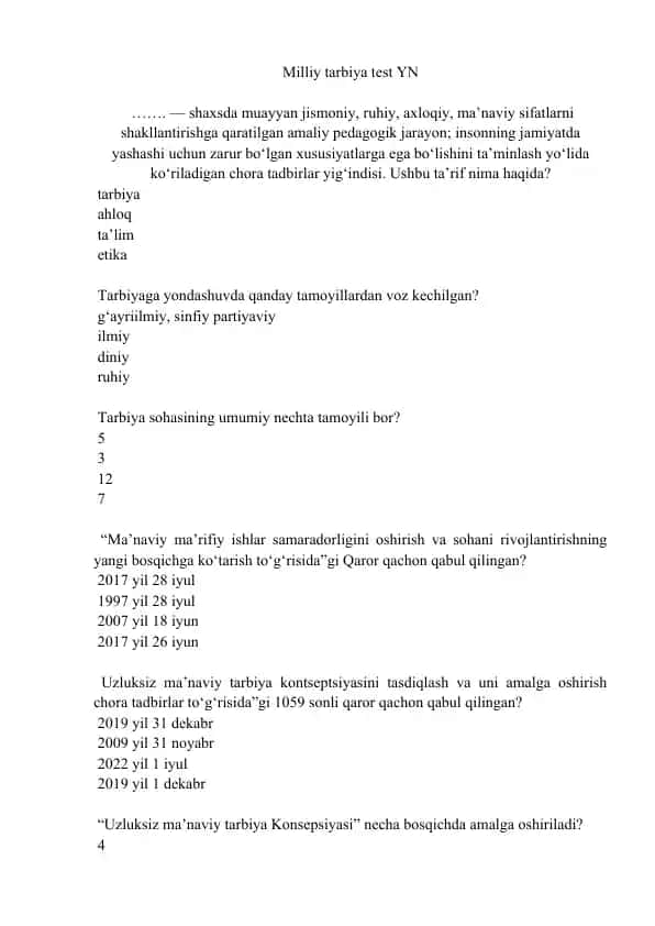 Milliy tarbiya test YN