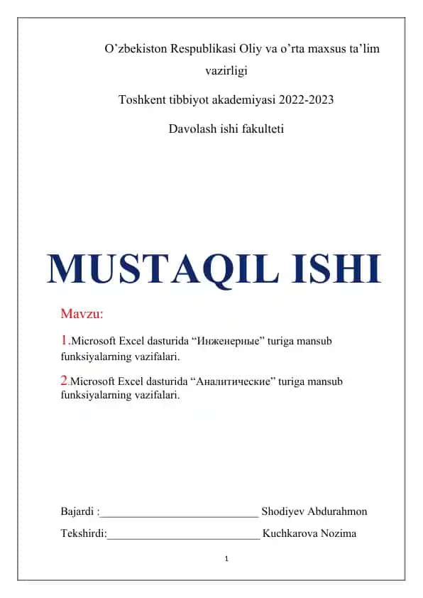 Microsoft Excel dasturida "Инженерные" va "Аналитические" turiga mansub funksiyalarning vazifalari