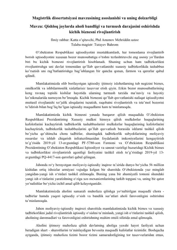 Magistrlik dissertatsiyasi: Qishloq joylarda aholi bandligi va turmush darajasini oshirishda kichik biznesni rivojlantirish