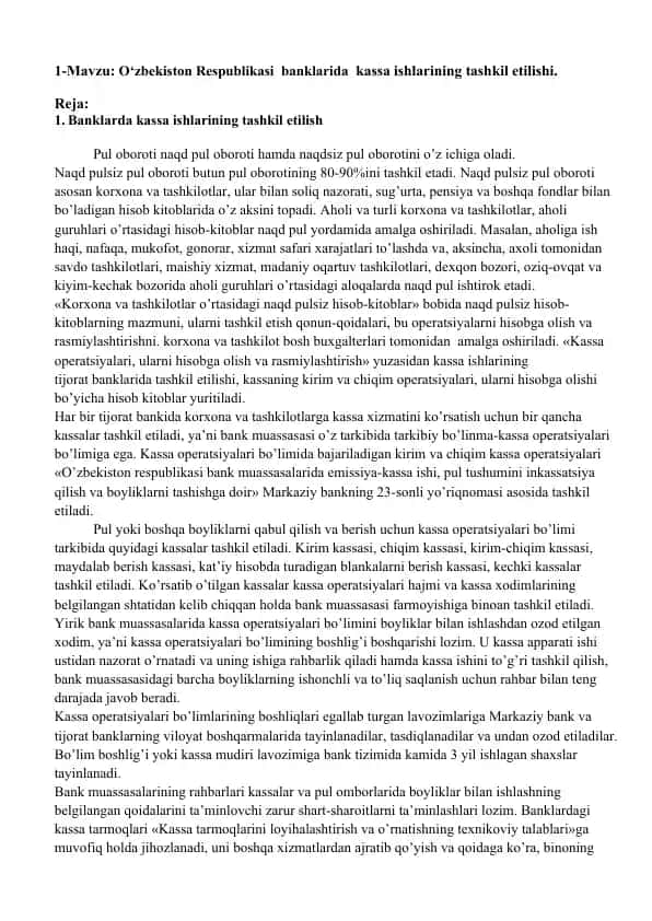 Kassa ishlarining tashkili