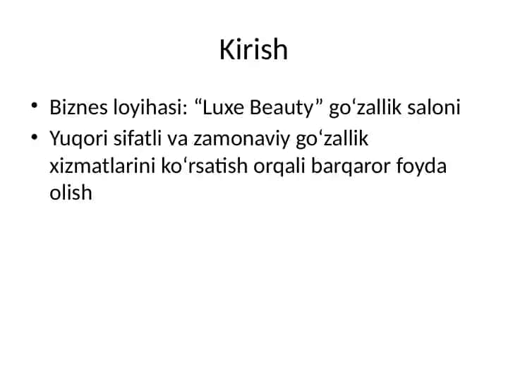 “Luxe Beauty” go‘zallik saloni biznes loyihasi