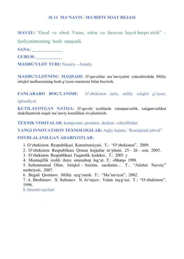 Ma’naviy-Marifiy Soat Rejasi