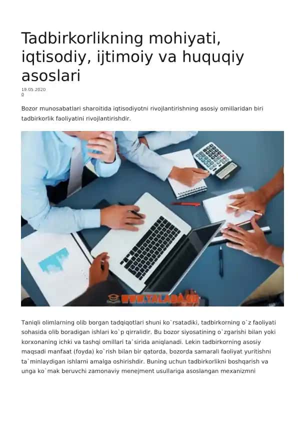 Tadbirkorlikning mohiyati, iqtisodiy, ijtimoiy va huquqiy asoslari