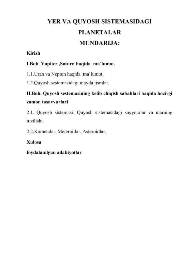 YER VA QUYOSH SISTEMASIDAGI PLANETALAR