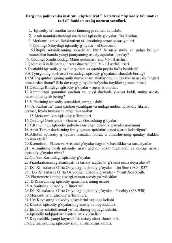 Iqtisodiy ta'limotlar tarixi fanidan oraliq nazorat savollari