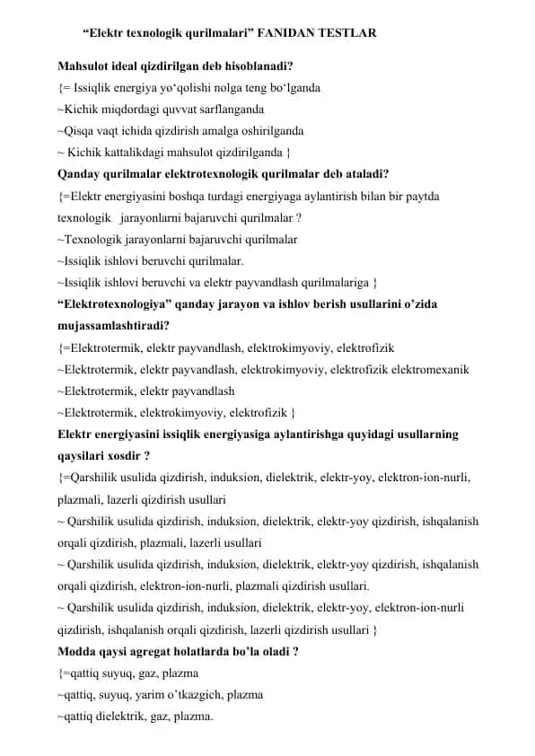 Elektr texnologik qurilmalari FANIDAN TESTLAR