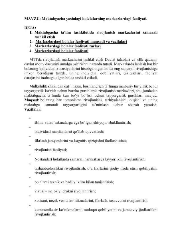 Maktabgacha yoshdagi bolalarning markazlardagi faoliyati