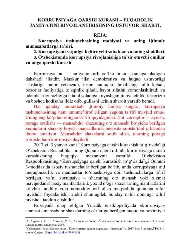 KORRUPSIYAGA QARSHI KURASH – FUQAROLIK JAMIYATINI RIVOJLANTIRISHNING USTUVOR SHARTI.