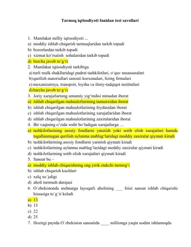Tarmoq iqtisodiyoti fanidan test savollari