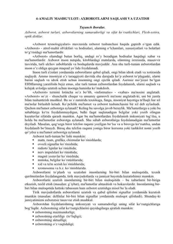 AMALIY MASHG’ULOT: AXBOROTLARNI SAQLASH VA UZATISH