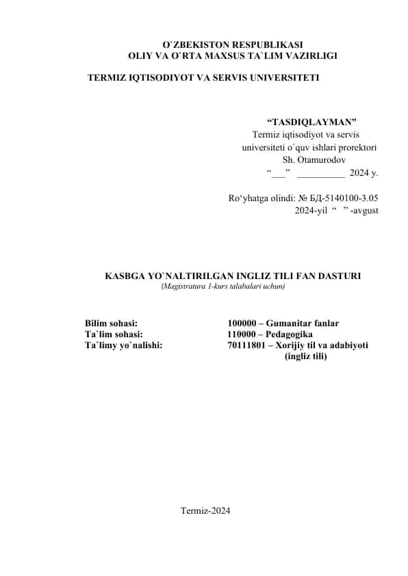 Kasbga yo‘naltirilgan ingliz tili fan dasturi (Magistratura 1-kurs talabalari uchun)