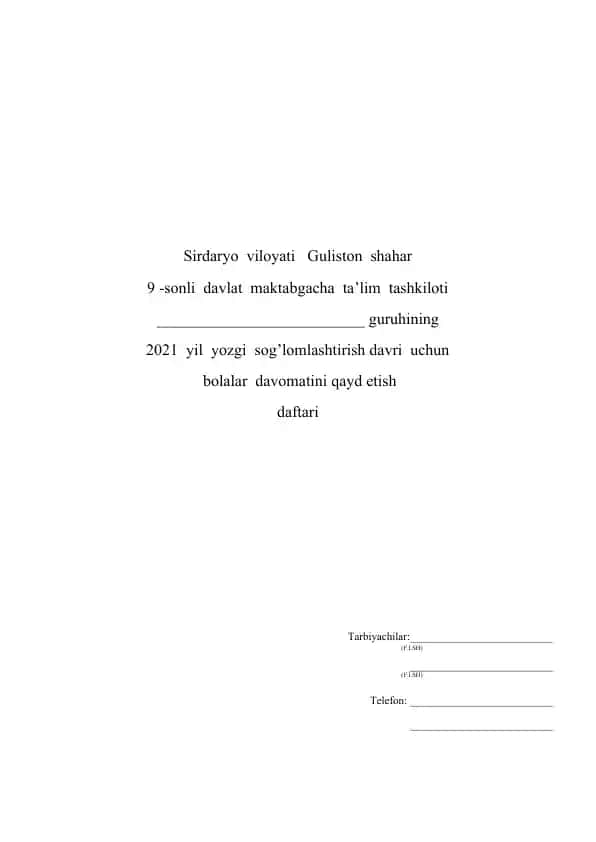 Sog'liqni saqlash davomiyligi uchun bolalar davomatini qayd etish daftari