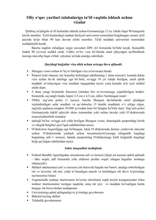 Shengen vizasi uchun arizalar