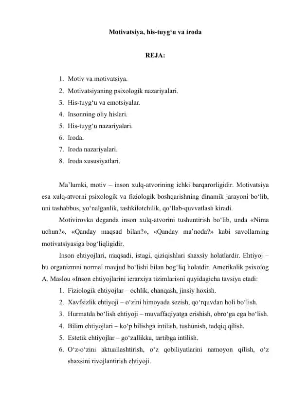 Motivatsiya, his-tuyg‘u va iroda