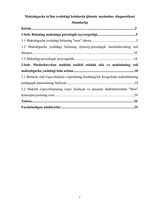Maktabgacha ta'lim yoshidagi bolalarda ijtimoiy moslashuv diagnostikasi