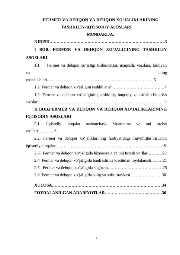 FERMER VA DEHQON VA DEHQON XOʻJALIKLARINING TASHKILIY-IQTISODIY ASOSLARI