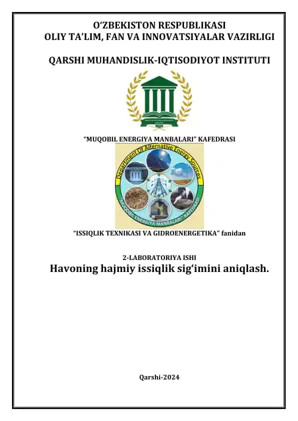 "Havoning hajmiy issiqlik sigʻimini aniqlash laboratoriyasi ishi"