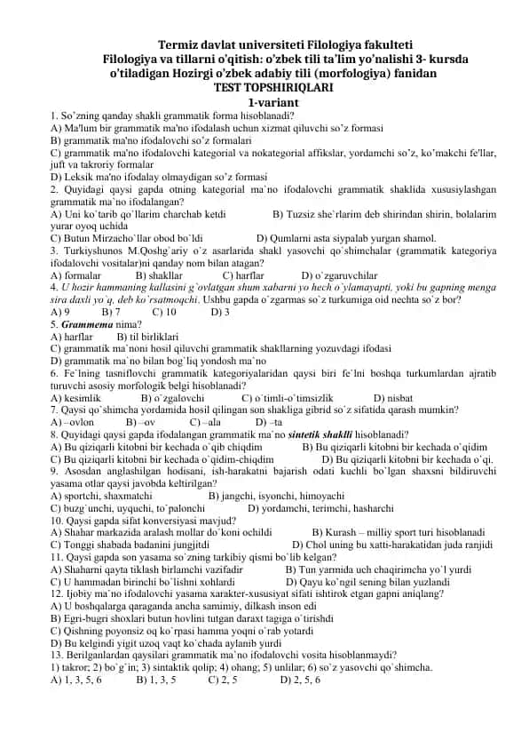 O'zbek tili morfologiyasi test topshiriqlari