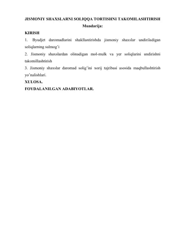 Jismoniy shaxslarni soliqqa tortishni takomillashtirish