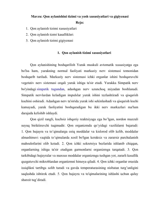 Qon aylanishini tizimi va yosh xususiyatlari va gigiyenasi