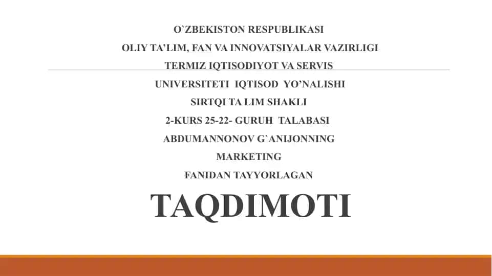 Marketing fanidan tayyorlagan taqdimot