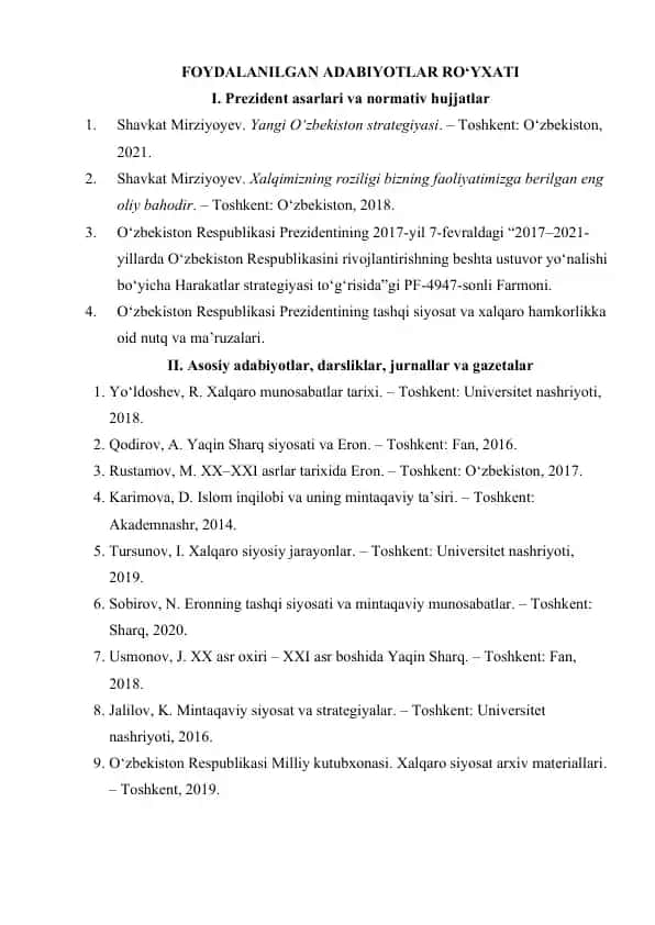O‘zbekiston Respublikasi Prezidentining tashqi siyosat va xalqaro hamkorlikka oid nutq va ma’ruzalari.