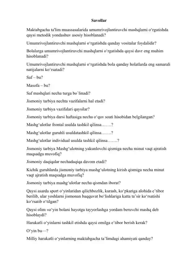Jismoniy tarbiya savollar