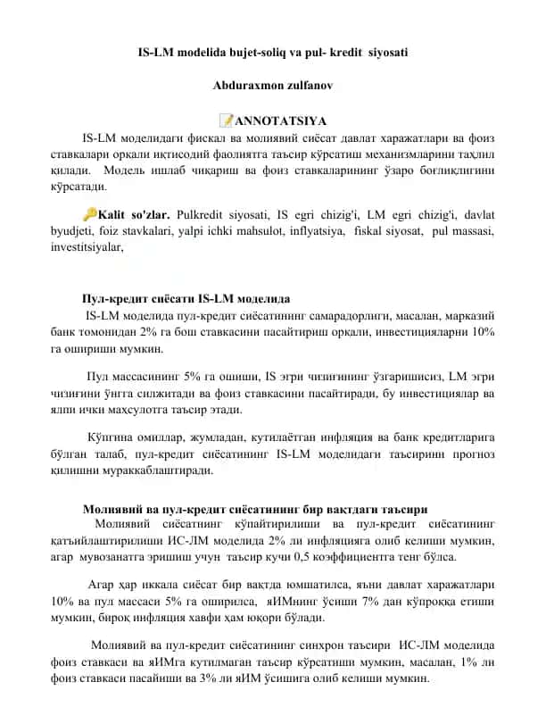 IS-LM modelida bujet-soliq va pul-kredit siyosati