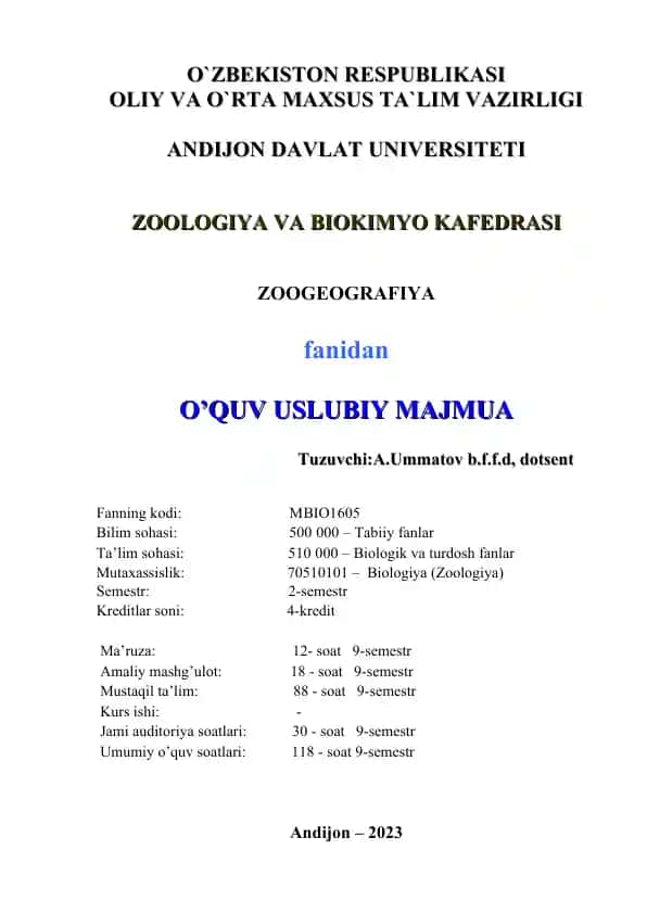 Zoogeografiya O'quv Uslubiy Majmuasi