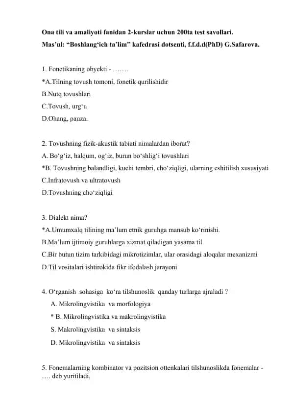 Ona tili va amaliyoti fanidan 2-kurslar uchun 200ta test savollari.