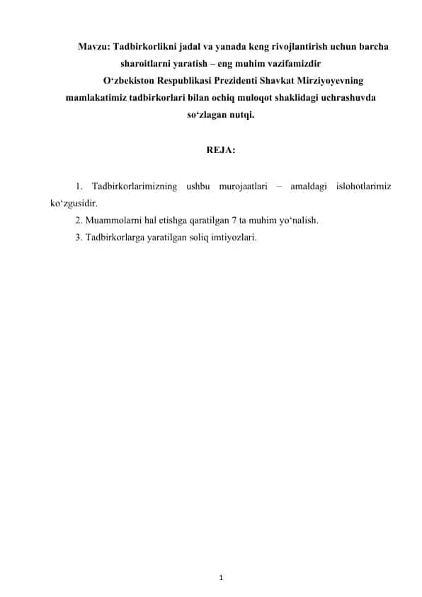 Tadbirkorlikni jadal va yanada keng rivojlantirish