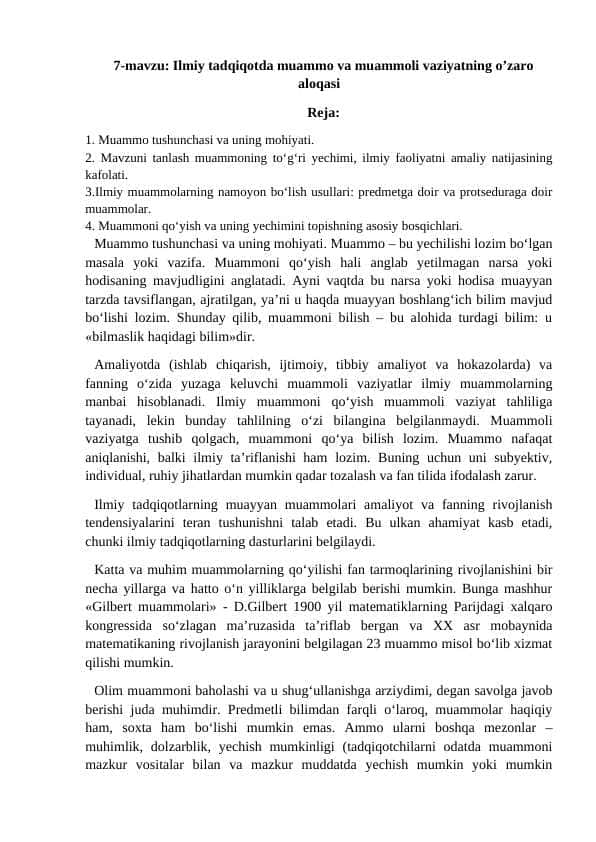 Ilmiy tadqiqotda muammo va muammoli vaziyatning o’zaro aloqasi