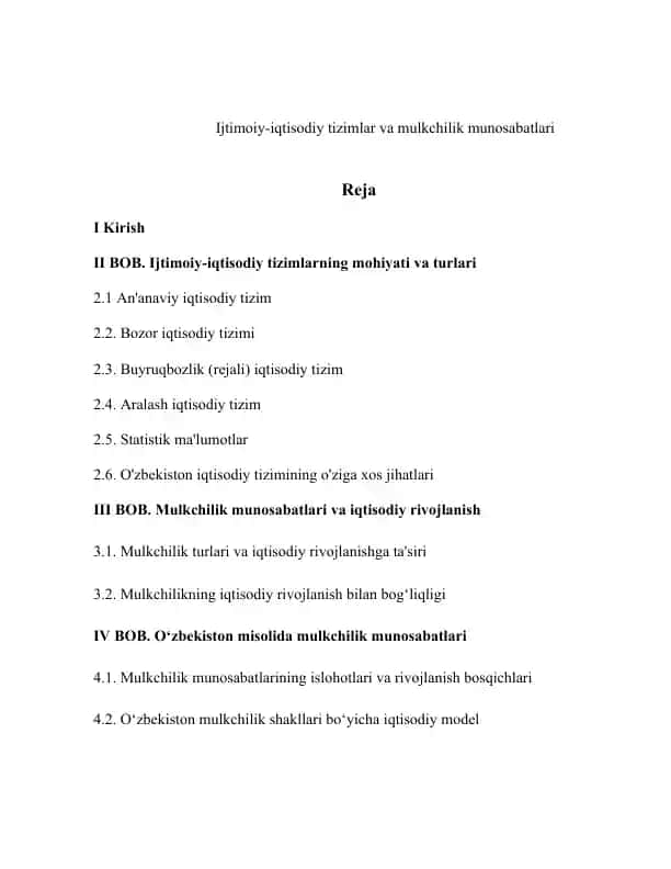 Ijtimoiy-iqtisodiy tizimlar va mulkchilik munosabatlari