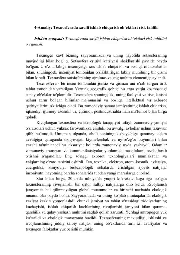 Texnosferada xavfli ishlab chiqarish ob’ektlari risk tahlili