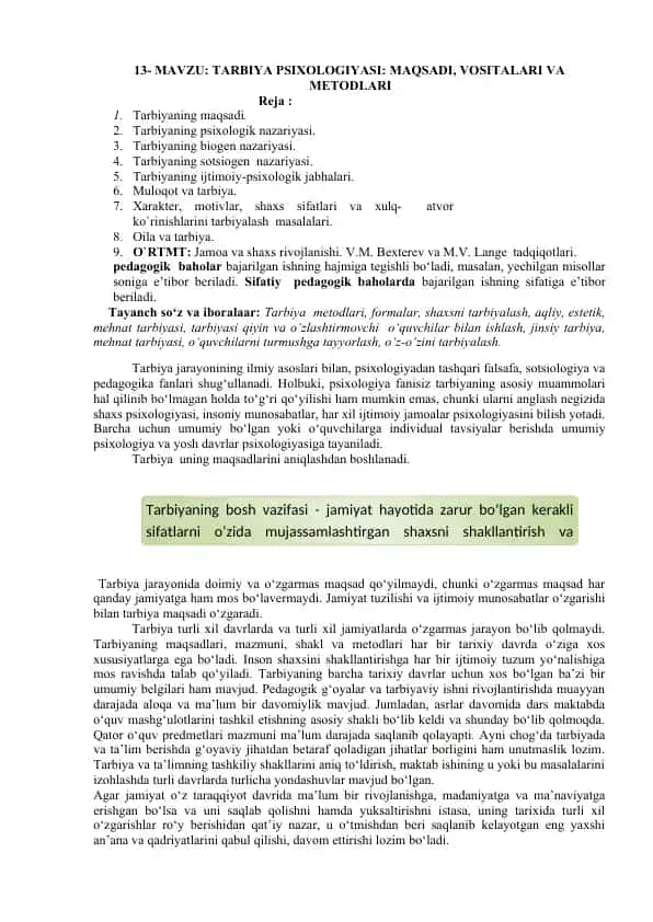 Tarbiya Psixologiyasi: Maqsadi, Vositalari va Metodlari
