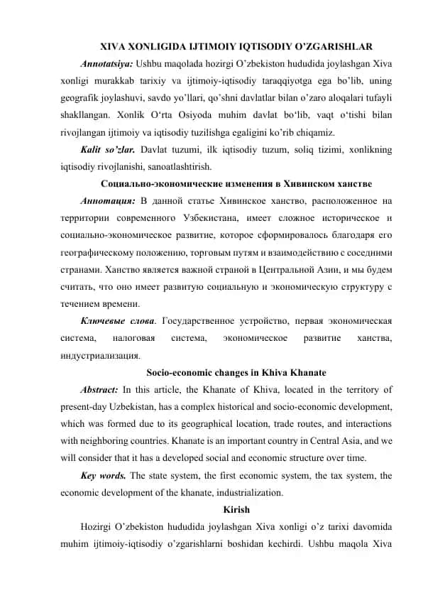 XIVA XONLIGIDA IJTIMOIY IQTISODIY O’ZGARISHLAR