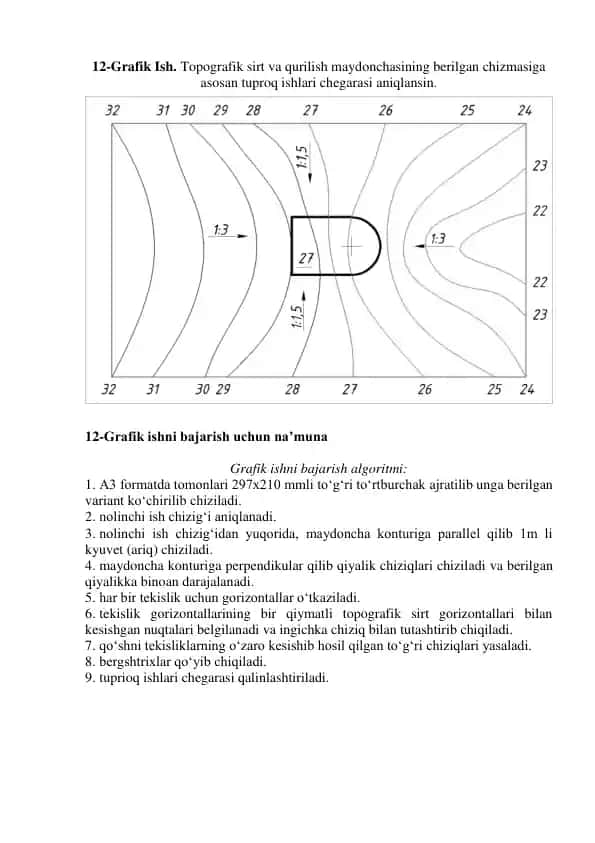 Grafik Ish. Topografik sirt va qurilish maydonchasining berilgan chizmasiga asosan tuproq ishlar chegarasi aniqlanishi.