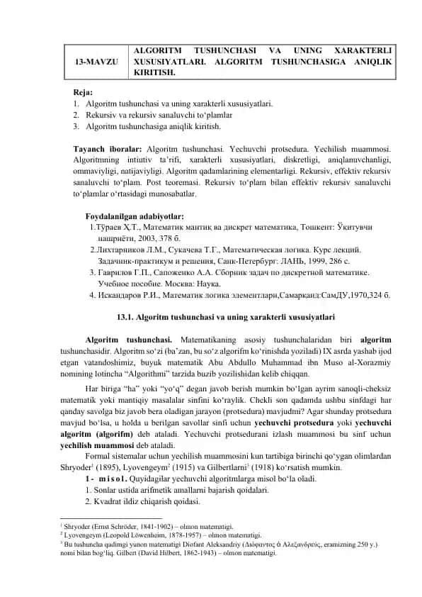 Algoritm tushunchasi va uning xarakterli xususiyatlari