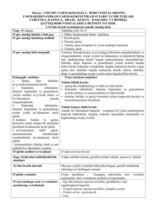 Umumiy Farmakologiya. Dori Vositalarining Farmakodinamikasi Farmakokinetikasi O'zaro Ta'sir Turlari Tabletk, Kapsula, Draje, Kukun, Karamel va Boshqa