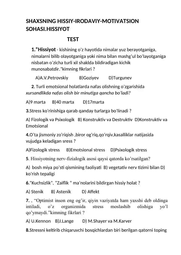 SHAXSNING HISSIY-IRODAVIY-MOTIVATSION SOHASI.HISSIYOT TEST