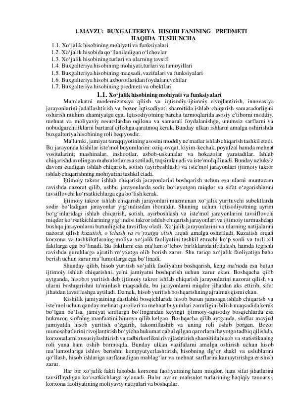 Buxgalteriya hisobi fanining predmeti haqida tushuncha