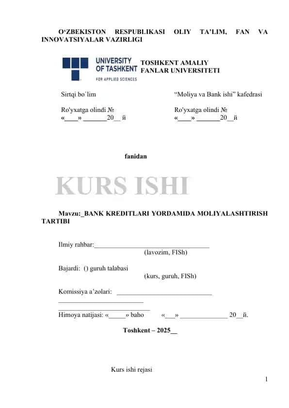 Bank kreditlari yordamida moliyalashtirish tartibi