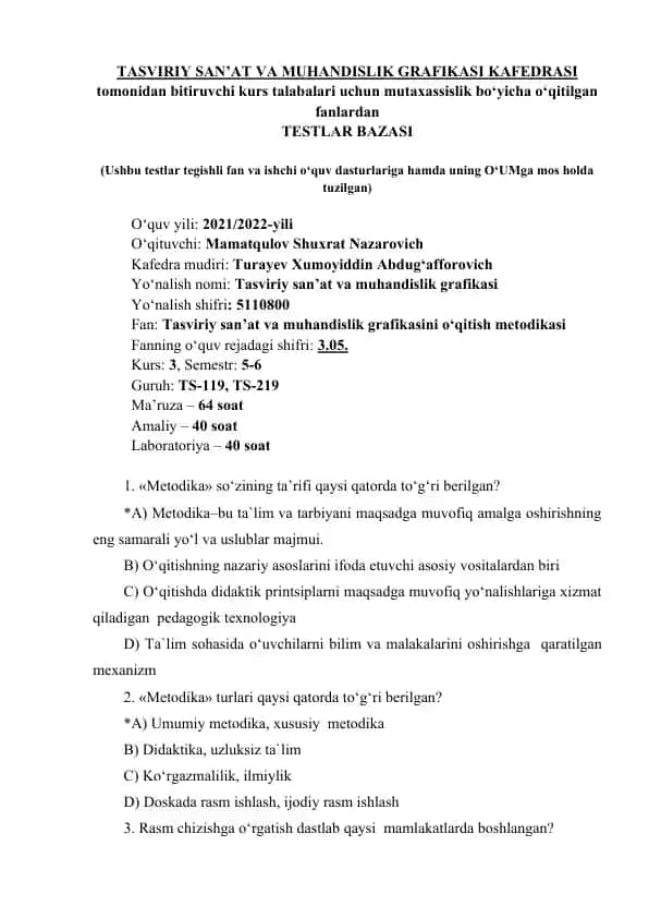 Tasviriy san’at va muhandislik grafikasini o‘qitish metodikasi