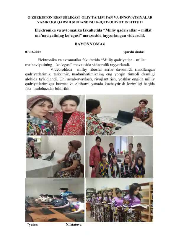 Videorolik "Milliy qadriyatlar – millat maʼnaviyatining koʻzgusi"